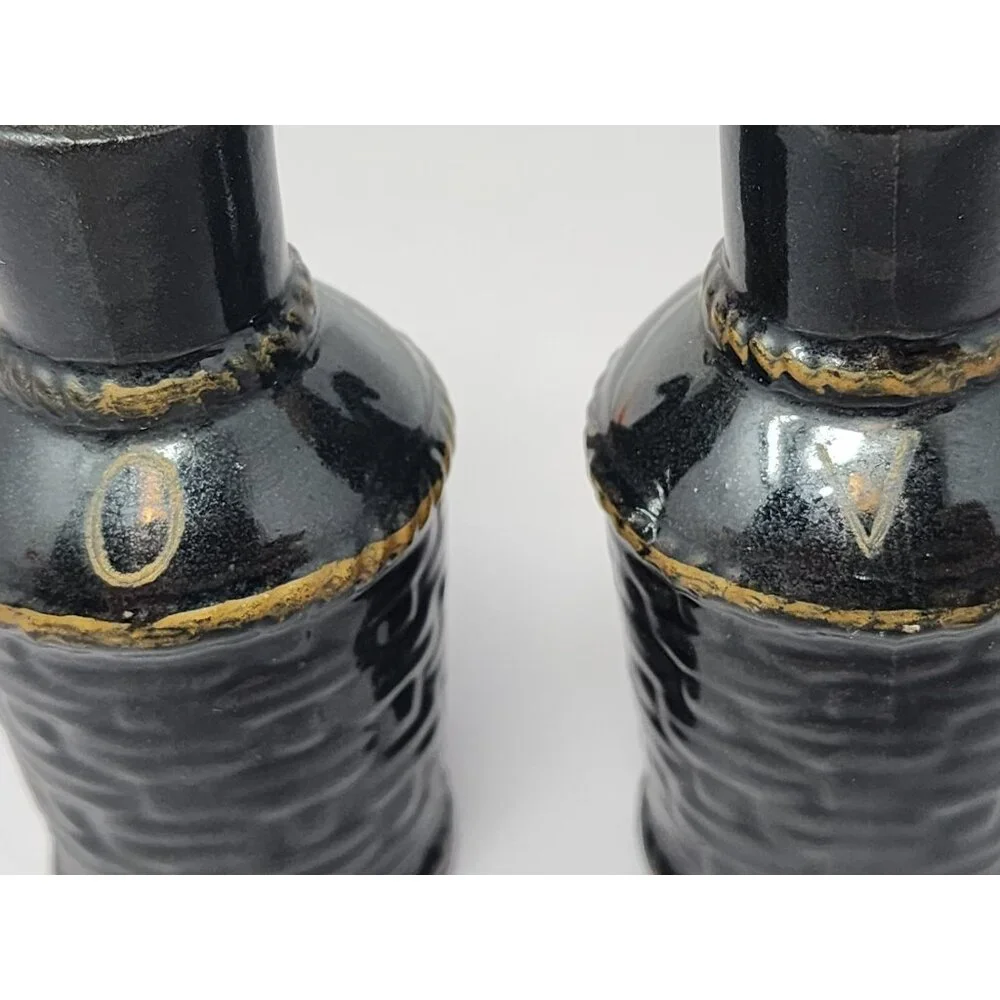 Vintage Black Ceramic Oil & Vinegar Cruet Set With Cork Stoppers Retro MCM Decor